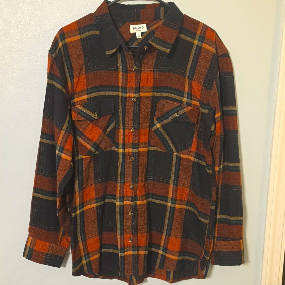 Weekends Everyday Men's Plaid Flannel LS Button-Up Pockets L Orange/Black #142